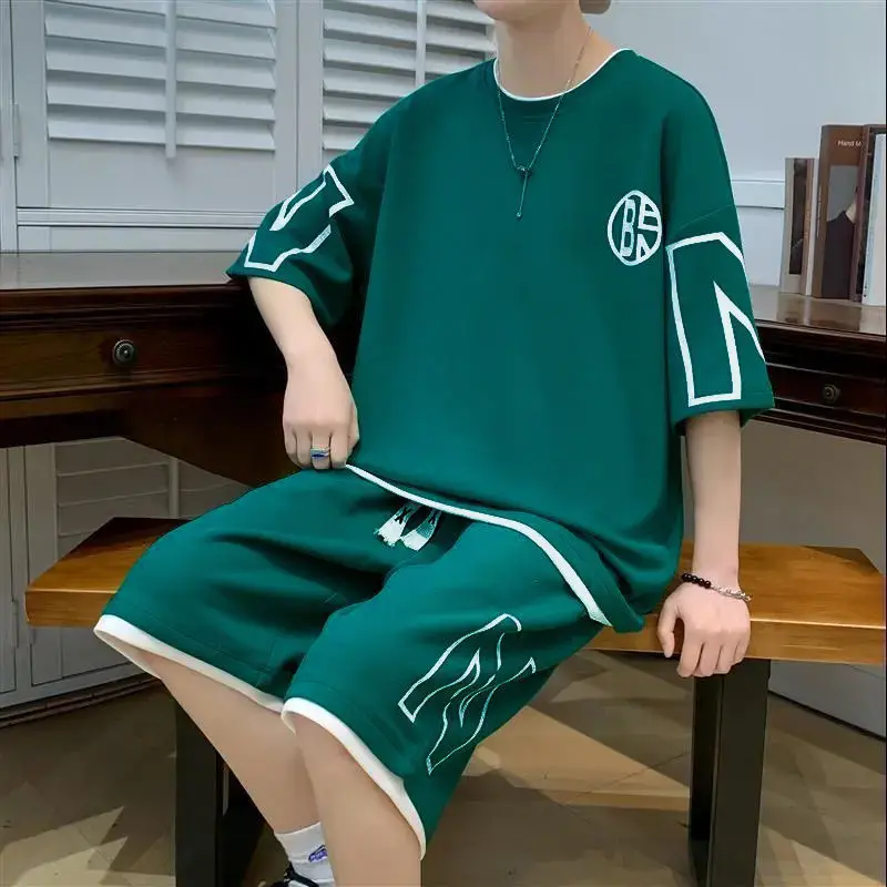 

Мужской летний повседневный комплект больших размеров: свободные шорты и футболка с коротким рукавом, молодежный стильный комплект из двух предметов