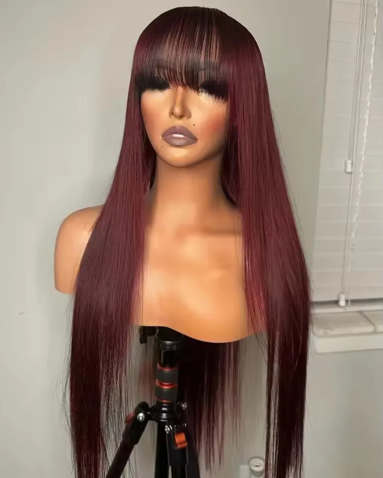 QW Synthetic Hair Bangs  Straight Burgundy Red Soft  Lace Front Wig For Women Hair Heat Resistant Fiber Cosplay  Daily