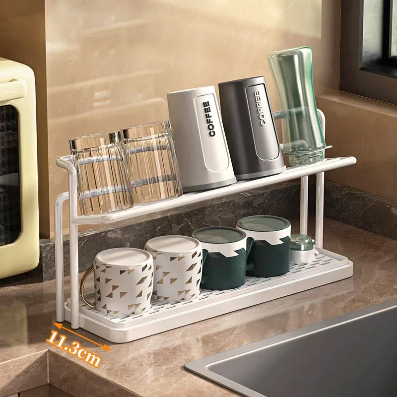 2 Layer Bottle Drying Rack Cups Storage Rack with Drain Tray, Mug Organizer for Kitchen, Coffee Mug Holder for Kitchen Counter - Image 2