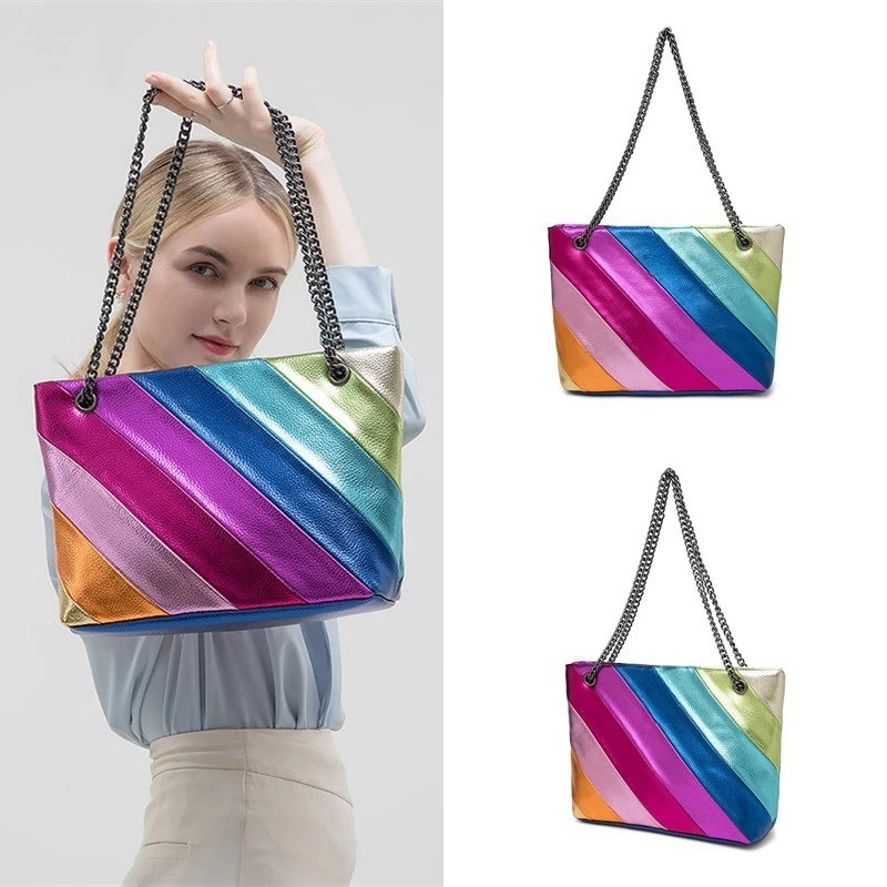 럭셔리 패션 레트로 여성 토트 백 레인보우 패치 워크 어깨 크로스 바디 가방 독수리 머리 핸드백 가방 통근 대용량