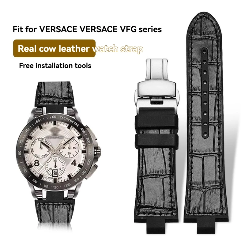 Para versace pulseira de relógio masculino sportverb0018 mostrador de três olhos com boca elevada fluorororubber adesivo couro pulseira de relógio especial