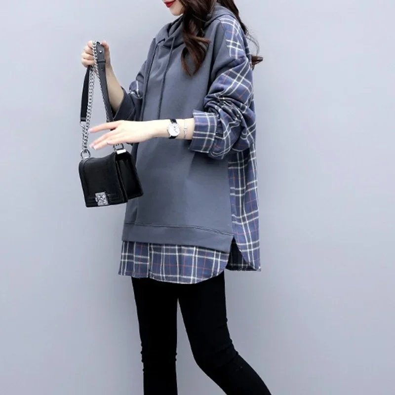 

Women Fashion British Style Fake Two Piece Plaid Loose Spring Pullover Casual Patchwork Drawstring Hoodies Sweatshirts Female