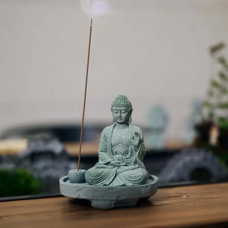 Meditating Buddha Statue with Zen Incense Holder Home Garden Bonsai Aquarium Fish Tank Decor Feng Shui Figurine Collection