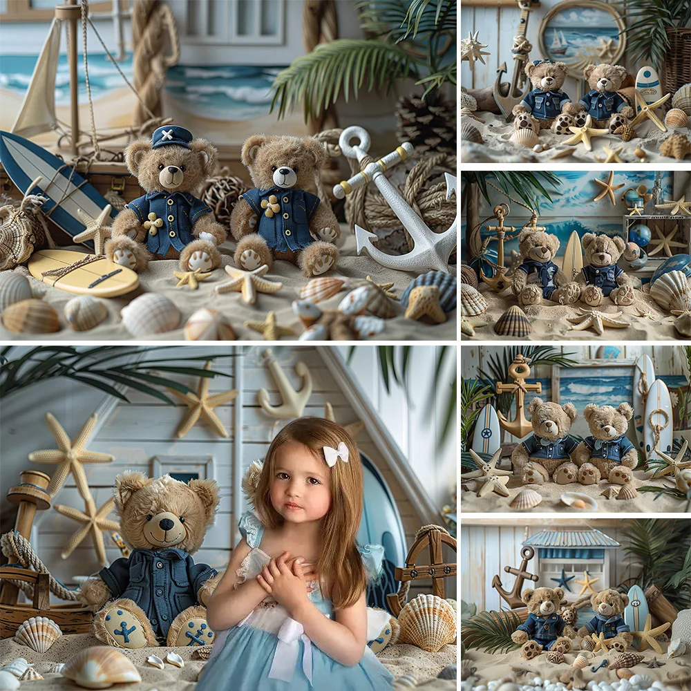 

Sailor Bear Baby Show Background Summer Beach Shell Surfboard Wooden Backdrop Decor Boy Girl Birthday Cake Smash Studio Booth