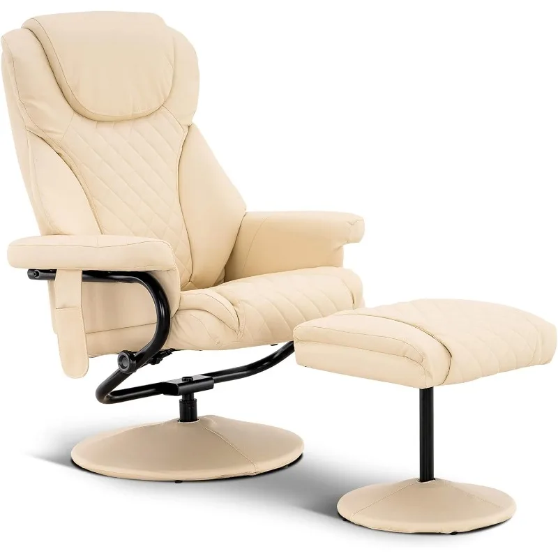 Recliner with Ottoman, Reclining Chair with Massage, 360 Swivel Living Room Chair Faux Leather (Cream White)