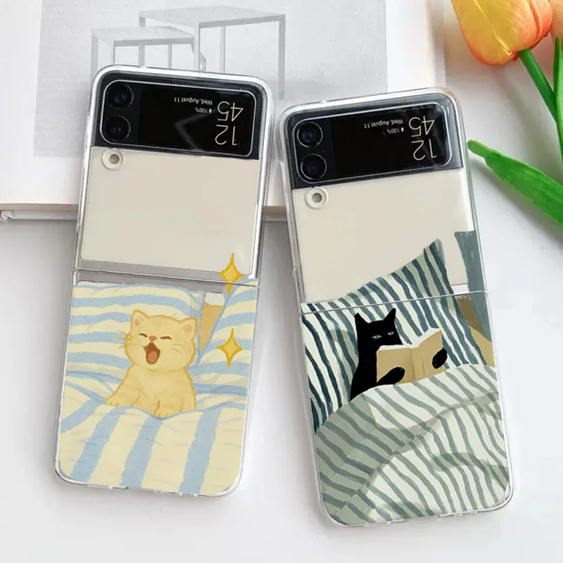 Capa de Telefone Engraçada e Fofa com Desenho de Gato para Samsung Galaxy Z Flip 5 6 ZFlip 7, Capa Transparente Dobrável para Samsung ZFlip 4 3 7FE.
