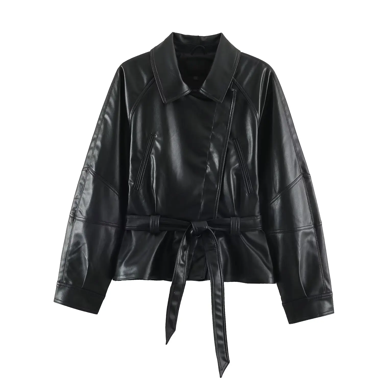 Women Leather Effect Jacket with Belt Lapel Collar Zip Up Long Sleeve Slim Fit Elegant Coat Autumn Winter Outerwear Fashion