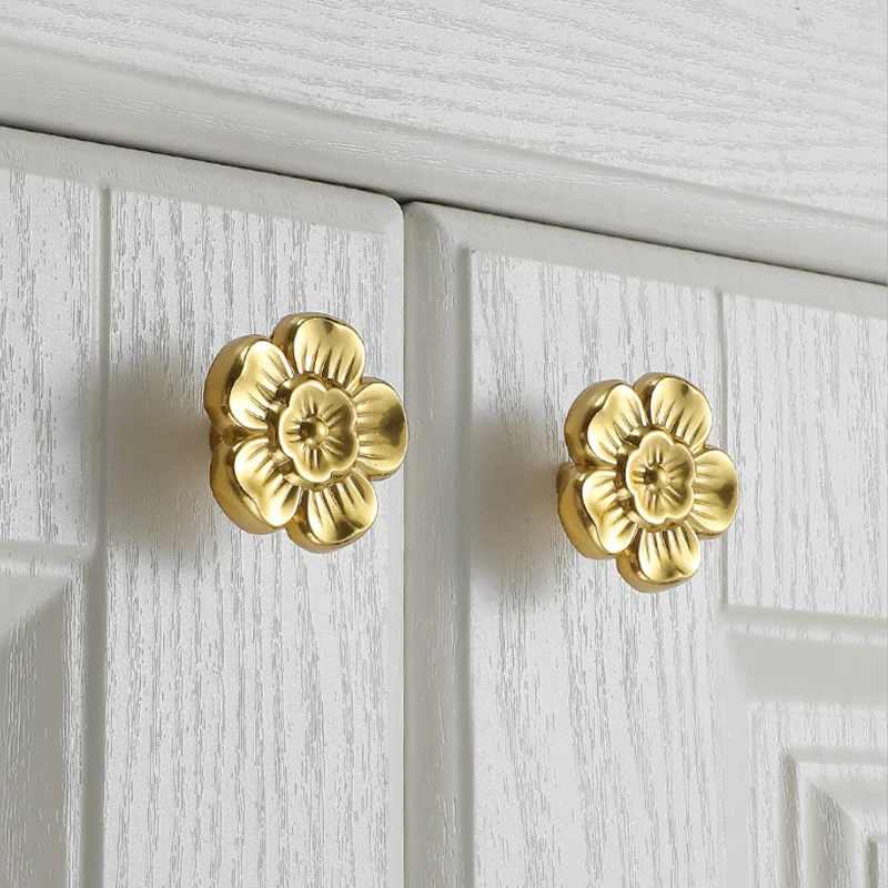 8PCS Solid Brass Flower Design Furniture Handles Drawer Knobs Cupboard Wardrobe Closet Dresser Cabinet Door Pulls Knobs Decorati