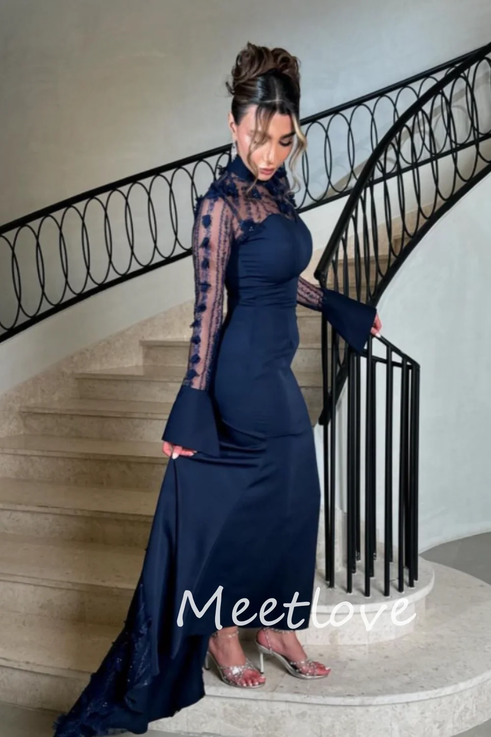 ชุดราตรีออกงาน Meetlove 2024 แบบสั่งตัดพิเศษสำหรับผู้หญิงซาอุดิอาระเบีย ทรงเมอร์เมด คอสูง แขนยาวลูกไม้ ชุดราตรีออกงานอย่างเป็นทางการ