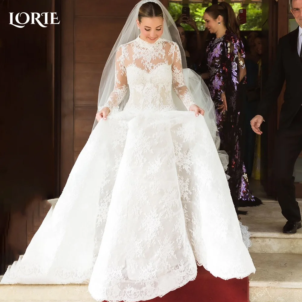 LORIE Vintage Lace Wedding Dresses High Collar A-Line Puff Long Sleeve Button Bridal Gown Princess Muslim Bride Dress Customized