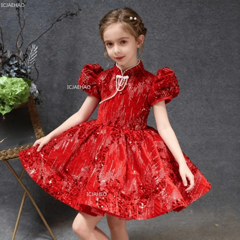 

Красное платье в китайском стиле с блестками и объемными рукавами, воротник-стойка, день рождения, вечернее банкетное платье принцессы, праздничное платье с цветочным узором для девочек
