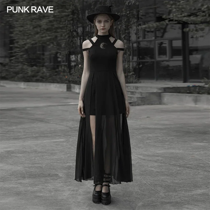 

PUNK RAVE Women's Daily Embroidered Mid-length Dress Gothic Irregularly Chiffon Open Fork Sleeveless Sexy Strapess Long Dresses