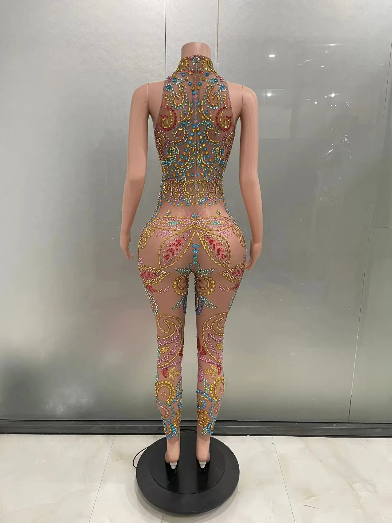 STOCK Luxury Party Colorful Rhinestones Jumpsuit Elastic Mesh Sleeveless Tight Rompers for Women Singer Bar Concert Show Costume