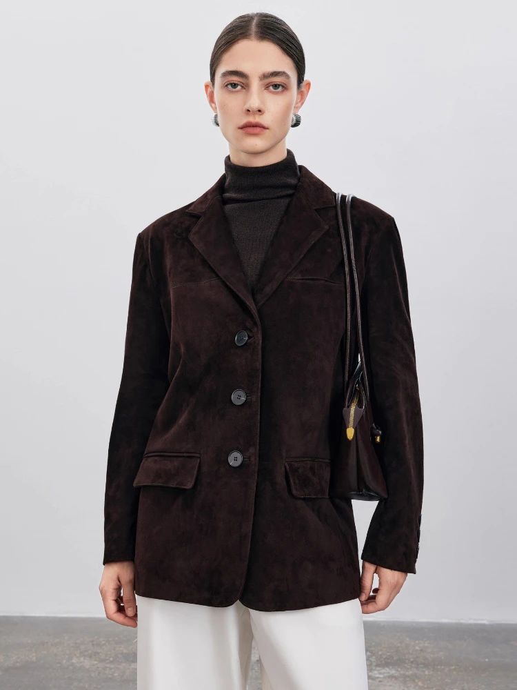 

Classic Genuine Leather Blazer Jackets for Women Simple Retro Single Breasted Loose Real Sheepskin Suede Coat jaqueta de couro