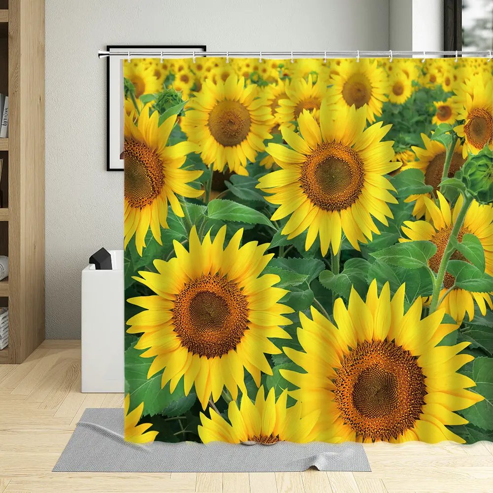 Beautiful Bloom Of Colorful Sunflower Flowers Natural Landscape Pattern Waterproof Home Use Shower curtain Polyester With Hook