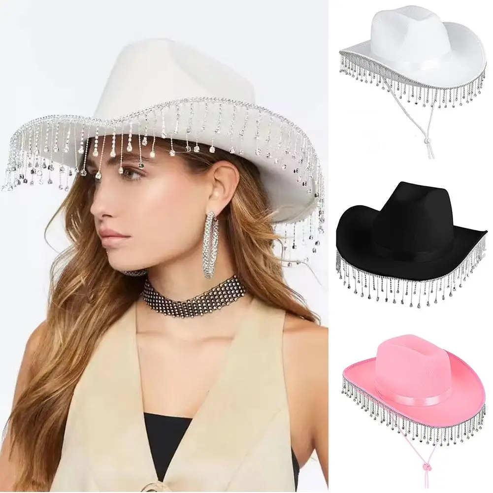 Pink Cowgirl Hat With Rhinestone Fringe Design Wide-Brim Costume Hats Cow Bachelorette Party Girl Accessories Western Cowbo O9D6