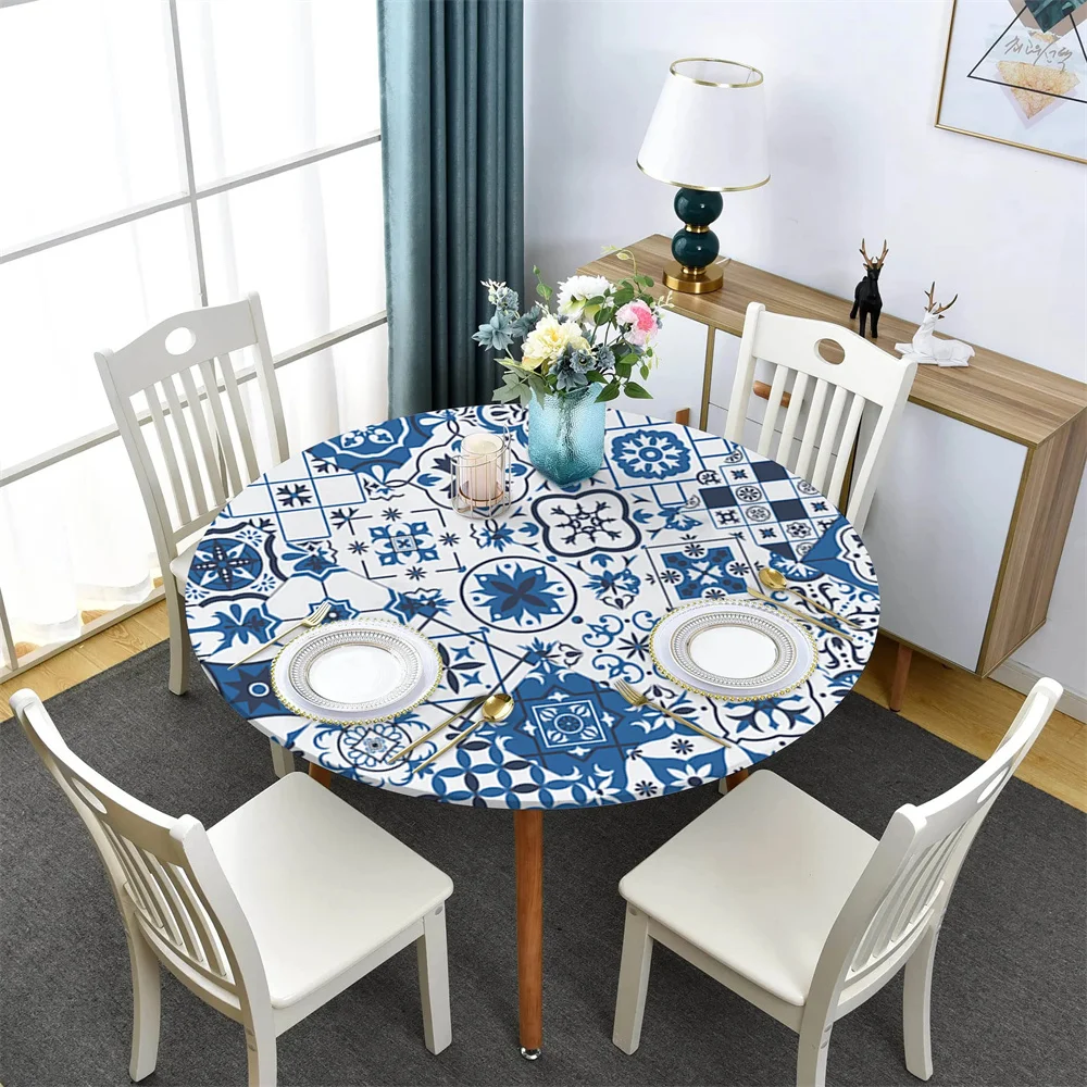 Geometrical Arabian Pattern Round Fitted Tablecloth Boho Elastic Edged Waterproof Table Cloth Dining Table Decor Indoor Outdoor