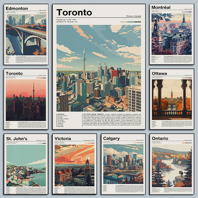 (1PC Unframe)Canada Travel Chic Cityscape Posters Vintage St. John's Toronto Prints Canvas Painting Wall Art Pictures Home Livin