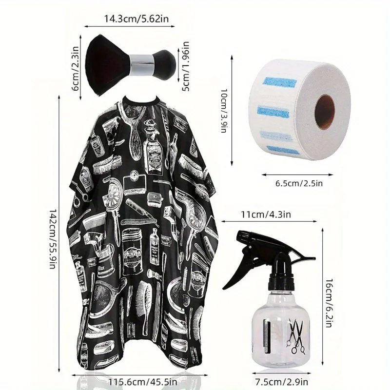 WANMEI Set Bungkus Tukang Cukur Jubah Pemotong Rambut Tahan Air dengan Lap Leher Set Sikat Gaun Penata Rambut Salon Tukang Cukur Profesional