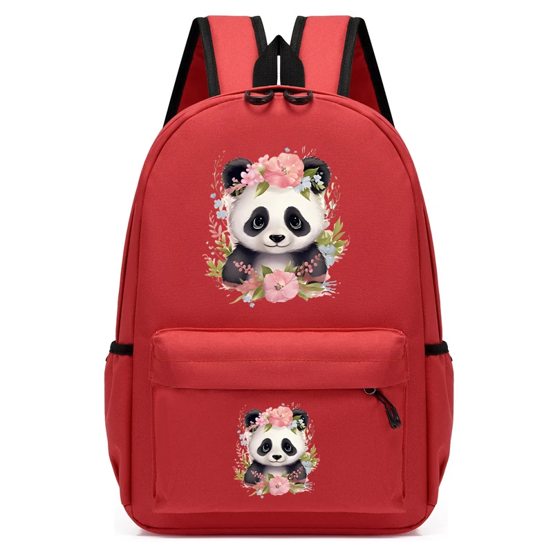 Mochila con estampado de Panda y flores para niños, morral escolar de dibujos animados para adolescentes, niños y niñas, mochila de guardería