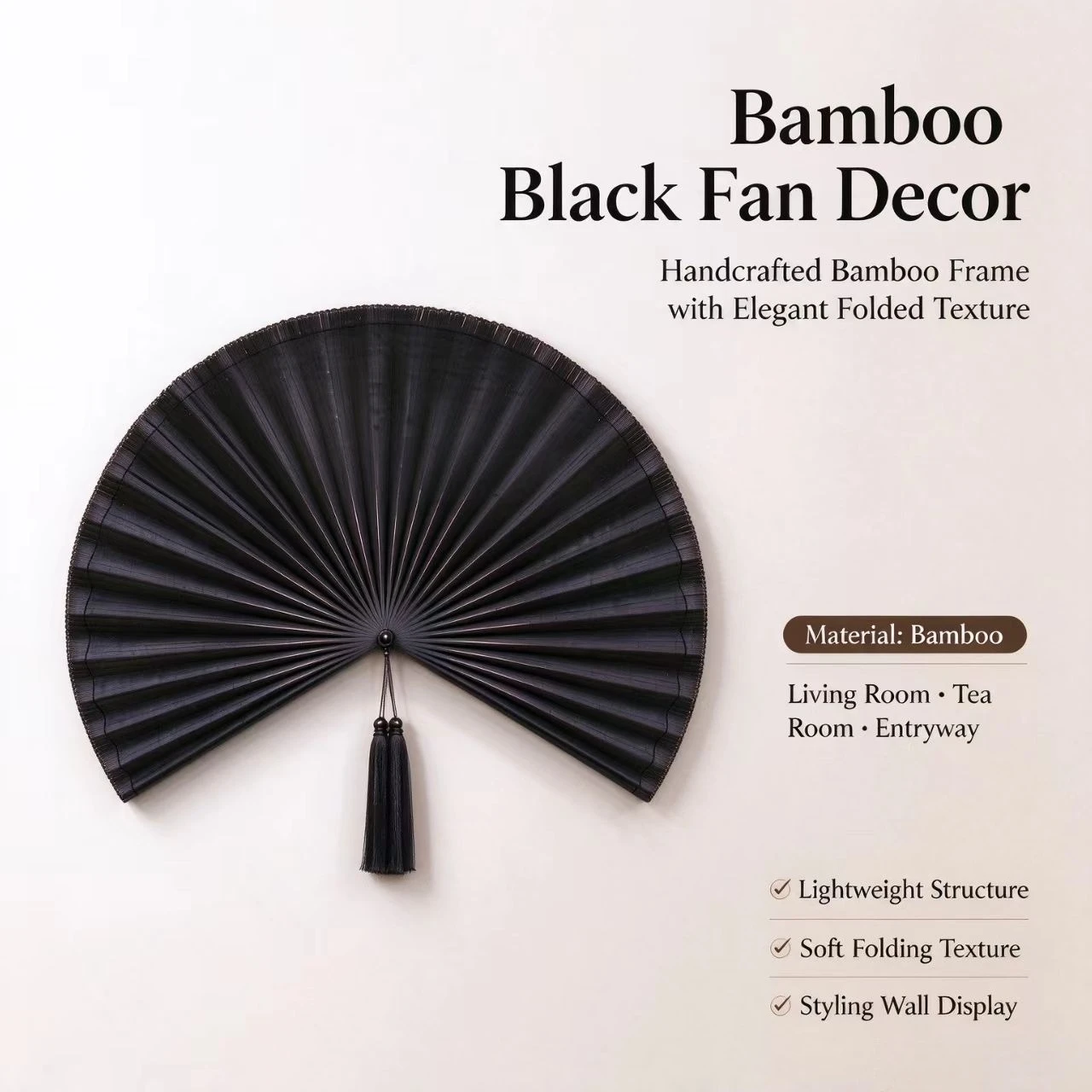 Handmade Black Bamboo Hanging Fan, Zen Wall Art for Tea Room
