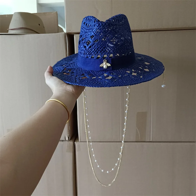 

Модные соломенные шляпы с металлическими пчелами и буквами для женщин и мужчин, летняя панамская джазовая шляпа, уличная праздничная пляжная шляпа от солнца