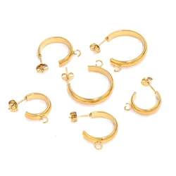 10pcs Stainless Steel Gold C Shape Earring Hooks with Loop Round Ear Post with Open Jump Ring for DIY Jewelry Components
