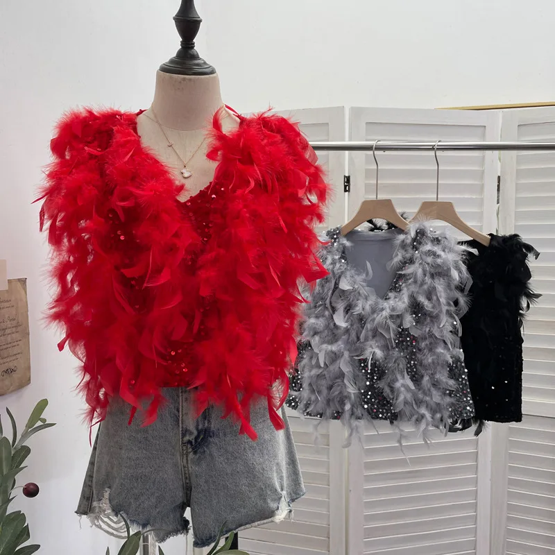 ISAROSE Fashion Feather Vest for Women Sequins Spring Autumn Sleeveless Solid Color V Neck Party Night Club Pullover Velvet Tops