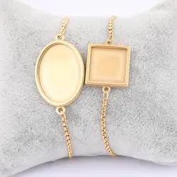 3pcs Stainless Steel Gold Plated 15mm Square 18x25mm Oval Cabochon Bracelet Base Setting Blanks Diy Jewelry Making Findings