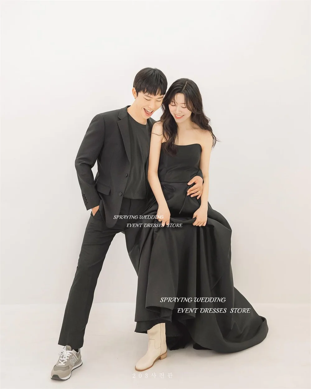 SPRAYING Simple Black A Line Wedding Dress Korea Photo Shoot Spaghetti Straps Soft Satin Bridal Gown Custom Made