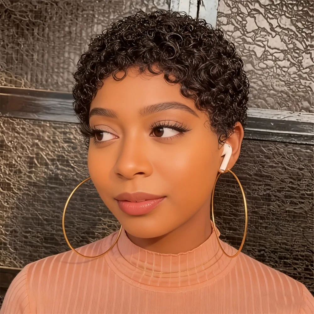 

6 Inch Pixie Cut Human Hair Wig Short Curly Natural Black - 180% Density Full Machine-Made Wig for Women Suitable for Daily Use