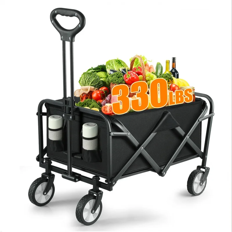 Folding Utility Wagon Cart - Heavy-Duty Collapsible Wheels for Grocery Shopping, Sports, Garden, Camping, and Beach Trips