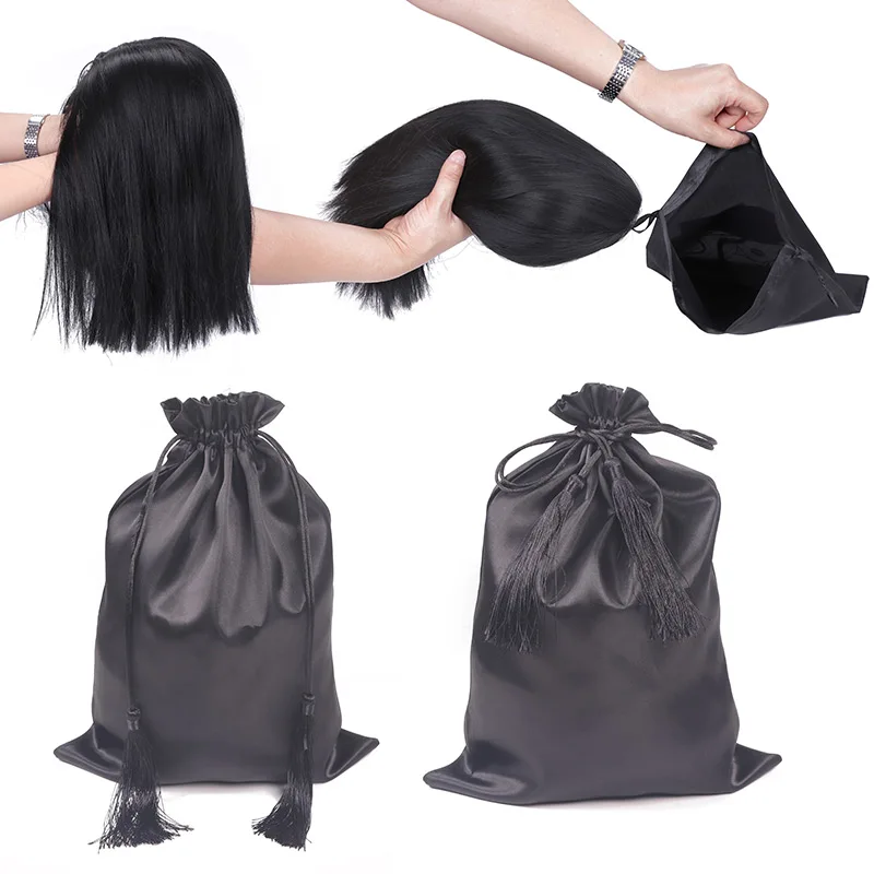 Sacs de perruque en satin soyeux avec pompon, pocommuniste de rangement pour perruque, noir, rose, blanc, gland de ficelle de proximité pour extensions de cheveux, 1 pièce par lot