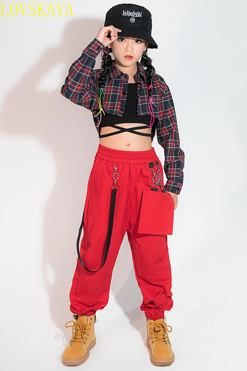 Girls Hip-hop Clothing Plaid Shirt with Exposed Navel Vest, Red Loose Casual Pants,street Dance Costume,jazz Performance Costume