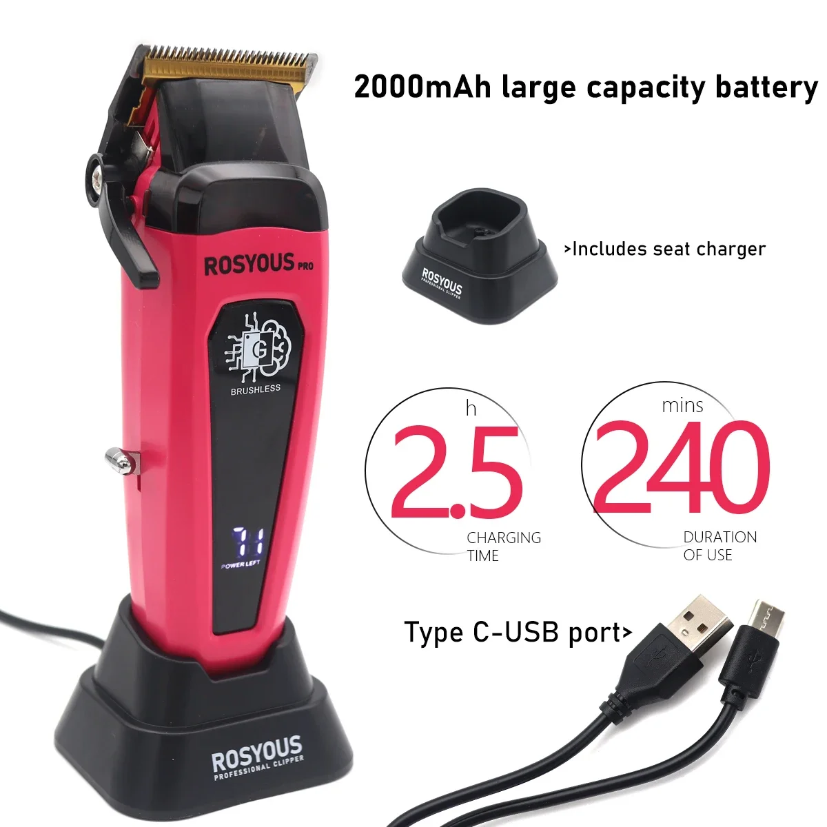 Professional Hair Clipper มอเตอร์ไร้แปรง DLC ใบมีดฐาน Charger จอแสดงผล LED ตัดผมผม Trimmer สําหรับชาย 106