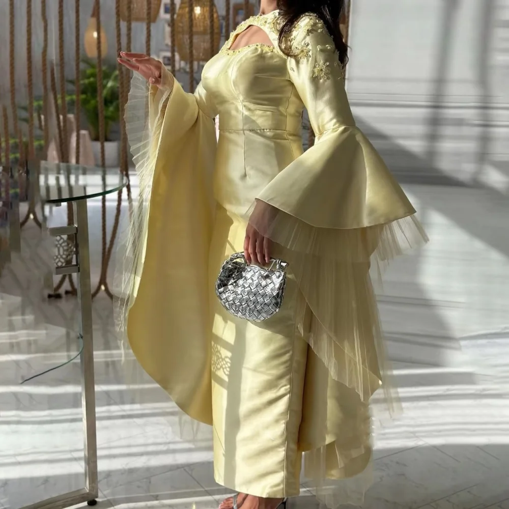 Customized Evening Dress Gorgeous Long Sleeve Prom Dresses Ruched Formal Occasion Shining Flower Applique Party Gown Robe Soiree