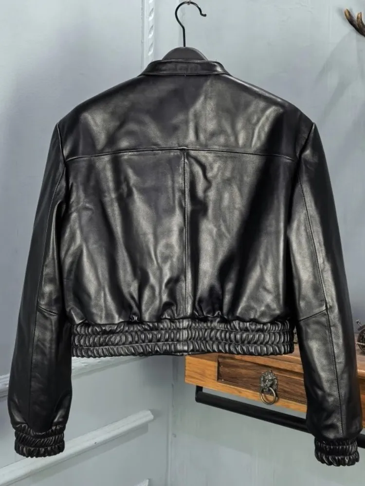Designer STAND COLLAR ของแท้หนังแจ็คเก็ตผู้หญิงแขนยาวซิปฤดูใบไม้ผลิใหม่เอวสูง Punk สีดํา Moto Bikers สั้น Coat