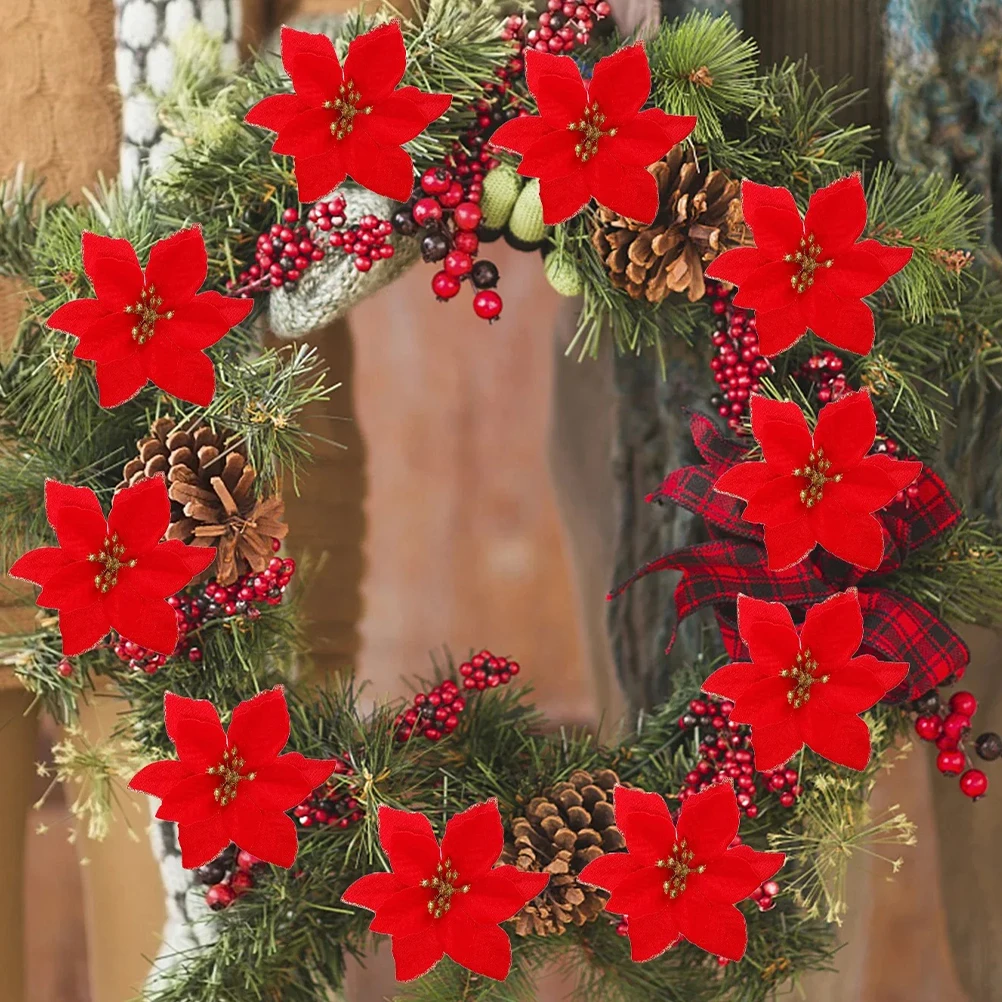 10 قطع عيد الميلاد البونسيتة الزهور الأحمر بريق الاصطناعي ديكور لشجرة عيد الميلاد إكليل عطلة حزب مكتب مول العرض #3