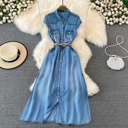 Elegant Women Denim Dress Summer Lapel Collar Sleeveless Thin Jean Maxi Dress French Style Retro A-Line Shirt Dresses