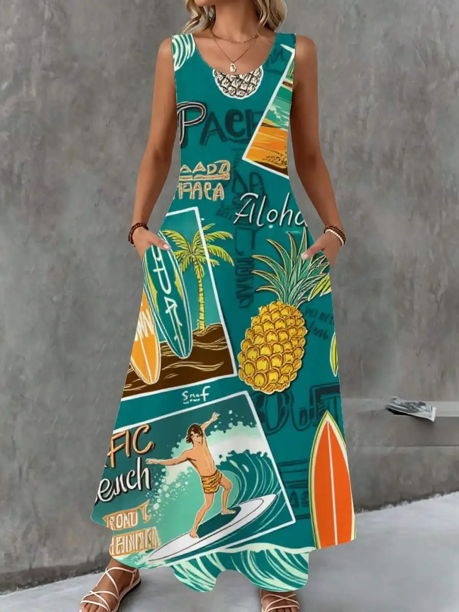 Vestido Maxi sin Mangas Color Verde Azulado con Estampado Tropical de Piña y Palmeras, Estilo Aloha del Pacífico, para Vacaciones de Verano en la Playa