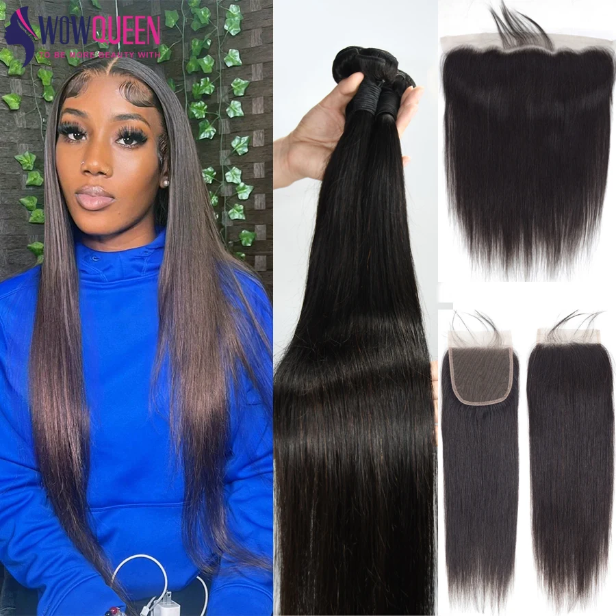 

Straight Hair Bundles With Frontal 13X4 Human Hair Bundles With Closure 4x4 5x5 Brazilian 36 38 40 Inch Hair Weaving Extensions