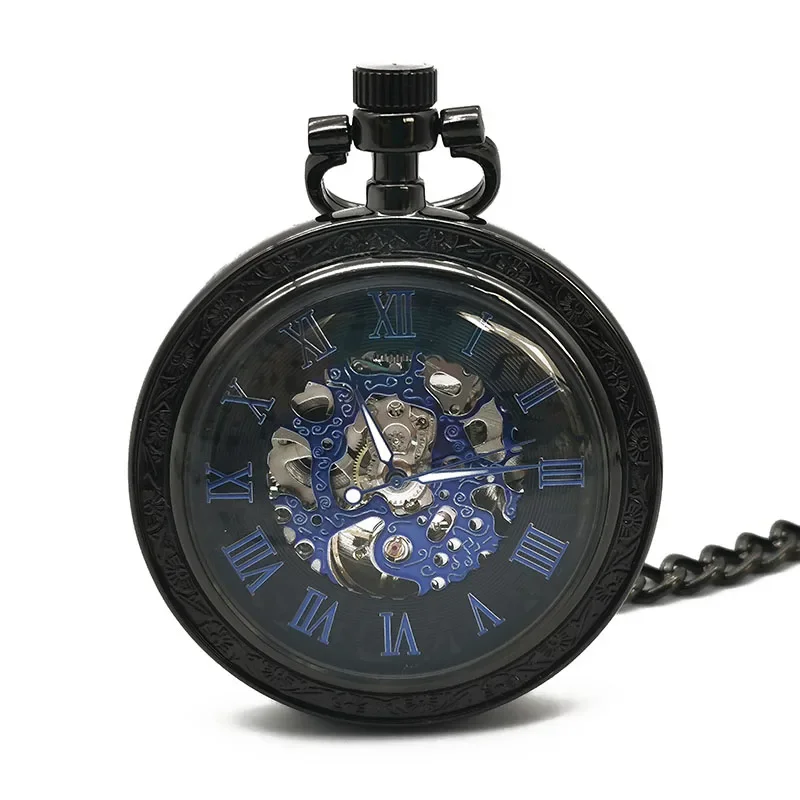 5pcs/set  Vintage Mechanical Pocket Watch Collection Roman Numerals Full Black Fashion Steampunk Pendant Chain Fob Watches