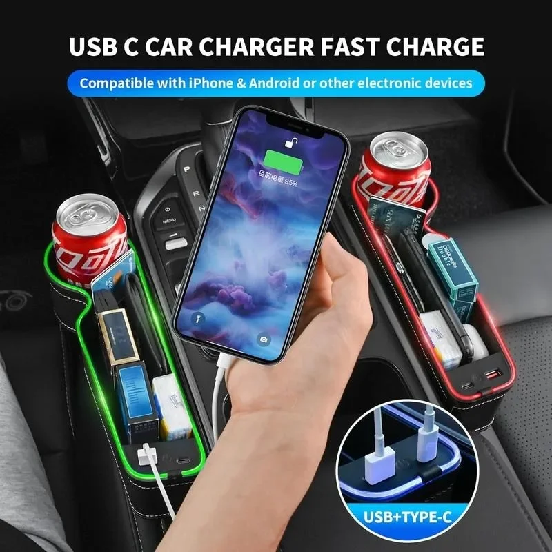 Boîte de rangement de remplissage d'écart de siège de voiture avec chargeur, lumières LED pour porte-gobelet de voiture, ports de chargeur USB et de type C, arrêt de chute, 2 pièces, 12