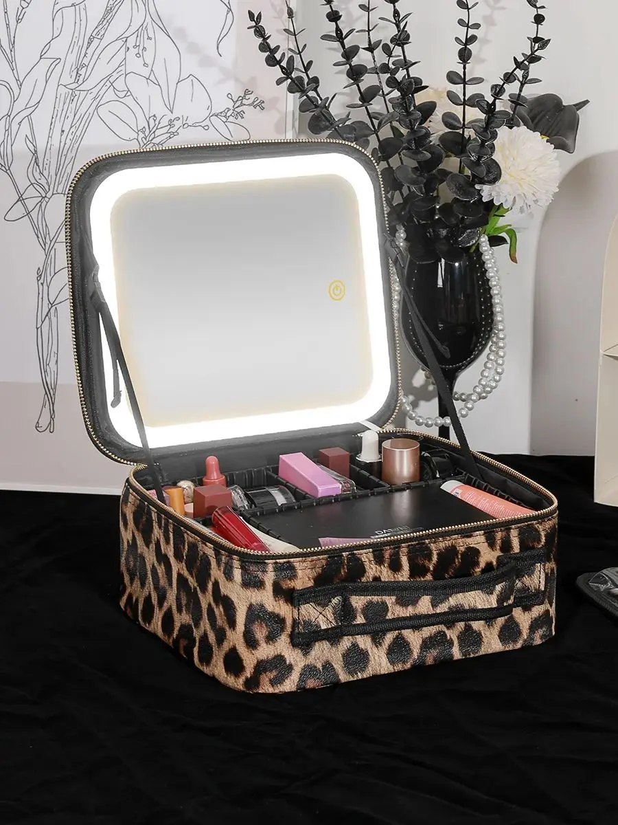 Makeup Bag with Mirror and Lights 3 Colors Dimmable LED Make up Case, Cosmetic Organizer Accessories Makeup Train Case LEOPARD