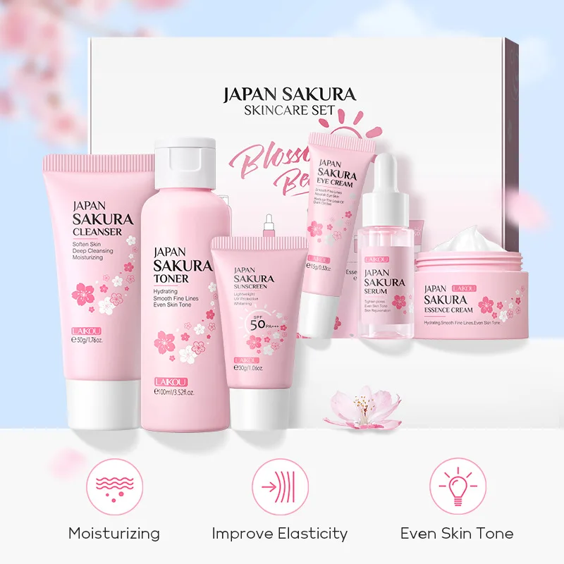 New 6pcs/Set LAIKOU Sakura Skin Care Sets Face Cream Serum Toner Facial Cleanser Sunscreen Eye Cream Face Skin Care Products