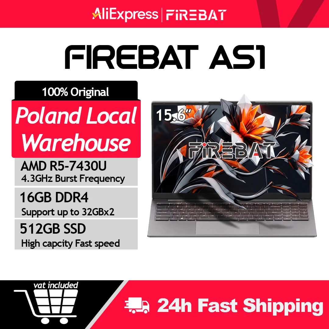 Firebat AS1 Laptop AMD Ryzen5 7430U 16GB DDR4 3200Mhz 512GB SSD 15.6 pollici IPS Windows 11 Notebook Type-C WIFI6 Tastiera a grandezza naturale