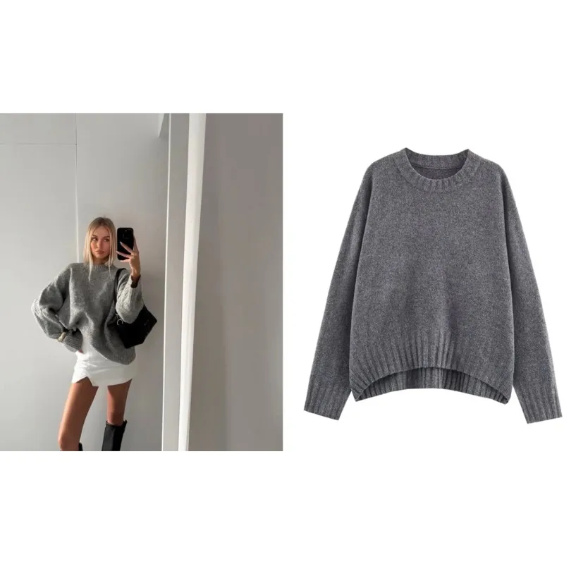 

HipSeam Women Ribbed Knit Sweater Autumn Casual Simple Long Sleeves O Neck Ribbed Trims Loose Pullovers Female Tops