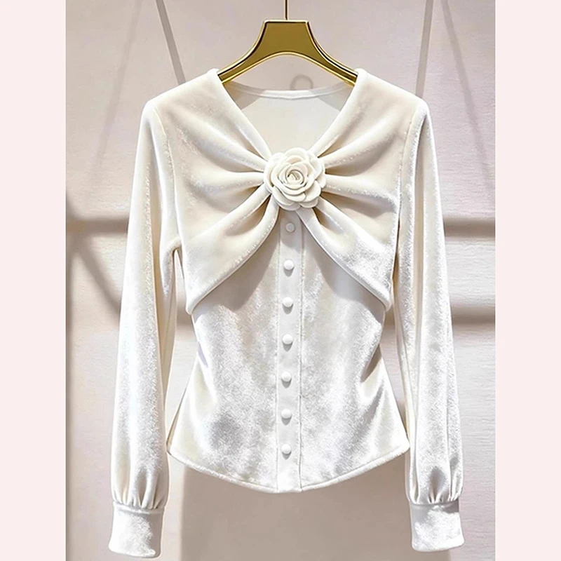 

Белая бархатная блузка с цветочным принтом для женщин, приталенный топ из полиэстера, модная молодежная модель с длинным рукавом и V-образным вырезом