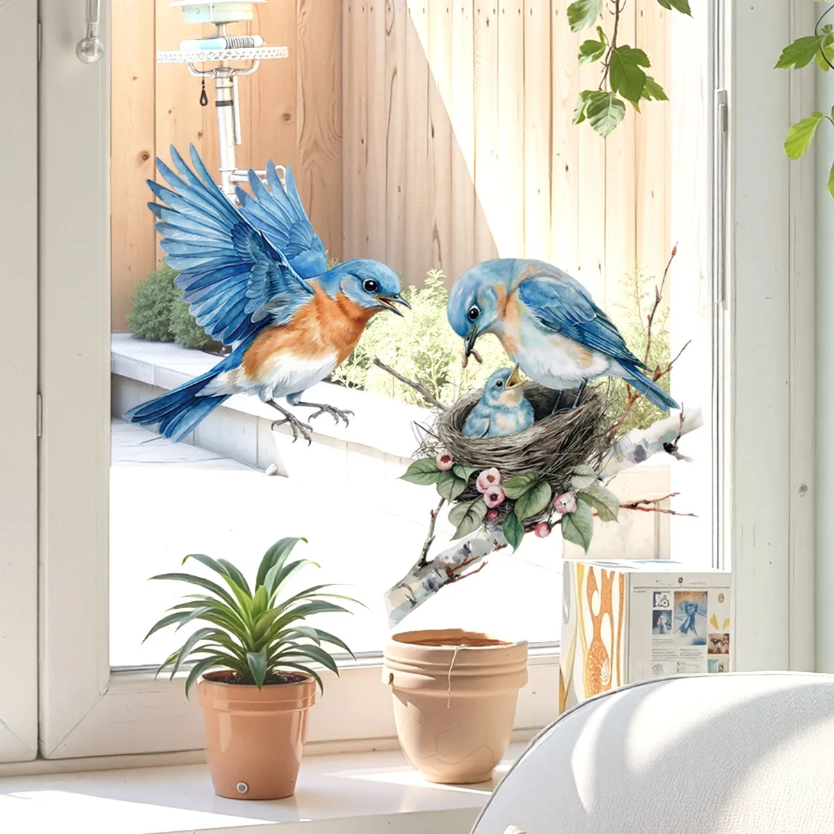 

Blue Bird Nest Wall Sticker, Removable Background Decals for Glass Doors Flower Birds Home Decor, Popular Wall Art