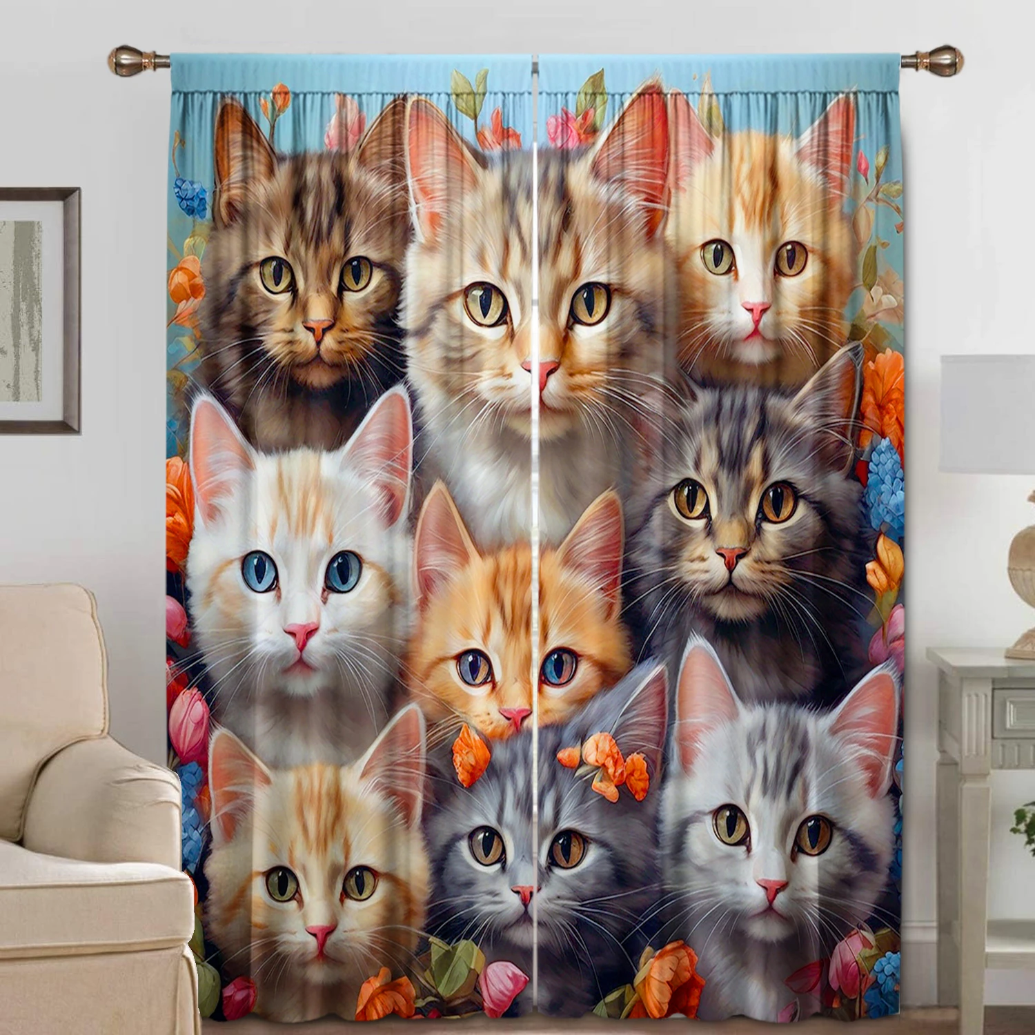 2PC Home Decoration Curtains, Cute Cat Background With Pole Pocket Curtains, Kitchen, Coffee Shop, Living Room, Balcony, Garden